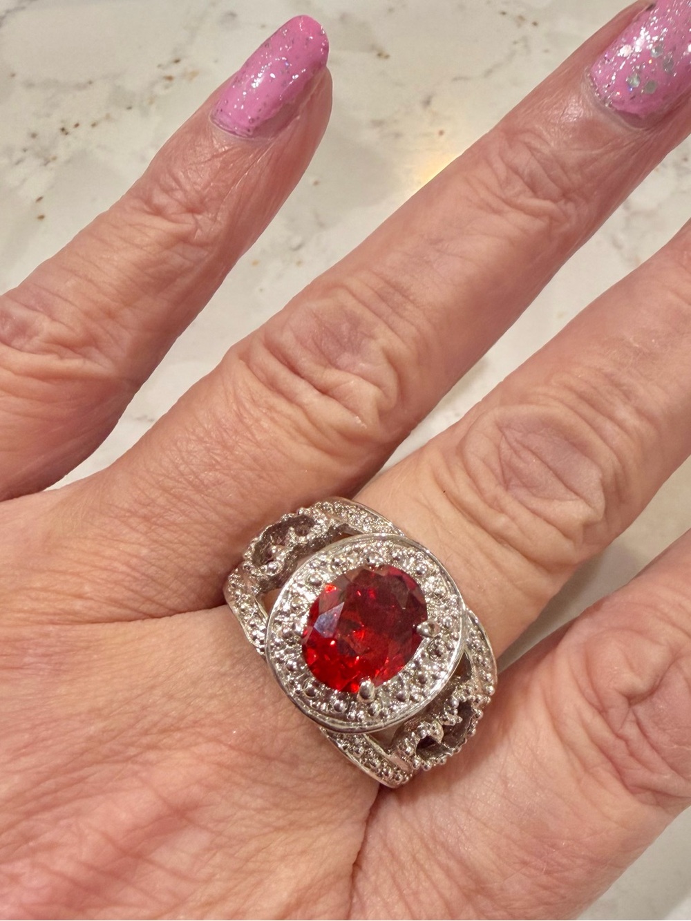 Silver Statement Ring with Red Center Gem